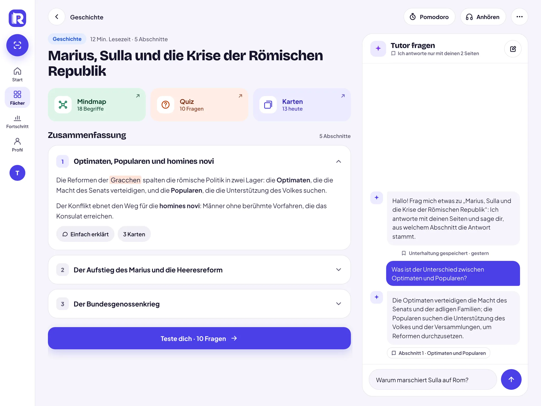 RSchool auf dem Tablet: die Zusammenfassung des Scans mit dem Tutor daneben