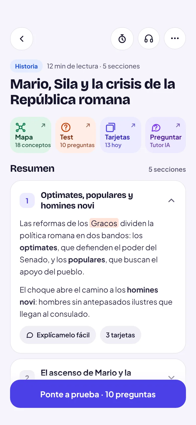 RSchool en el móvil: el escaneo «Mario, Sila y la crisis de la República romana» con resumen, mapa, test y flashcards