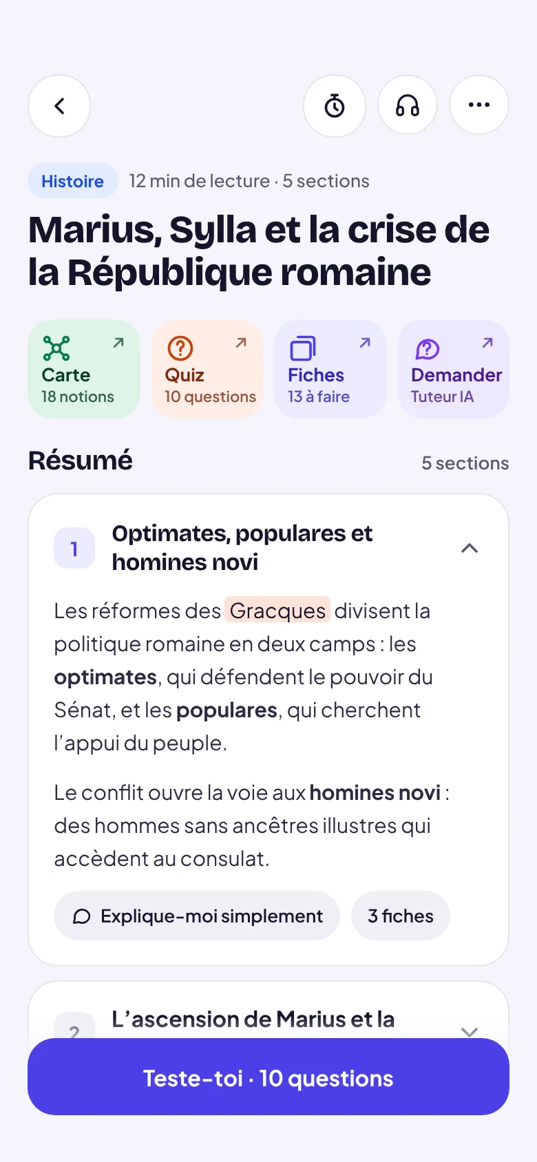 RSchool sur téléphone : le scan « Marius, Sylla et la crise de la République romaine » avec résumé, carte, quiz et flashcards