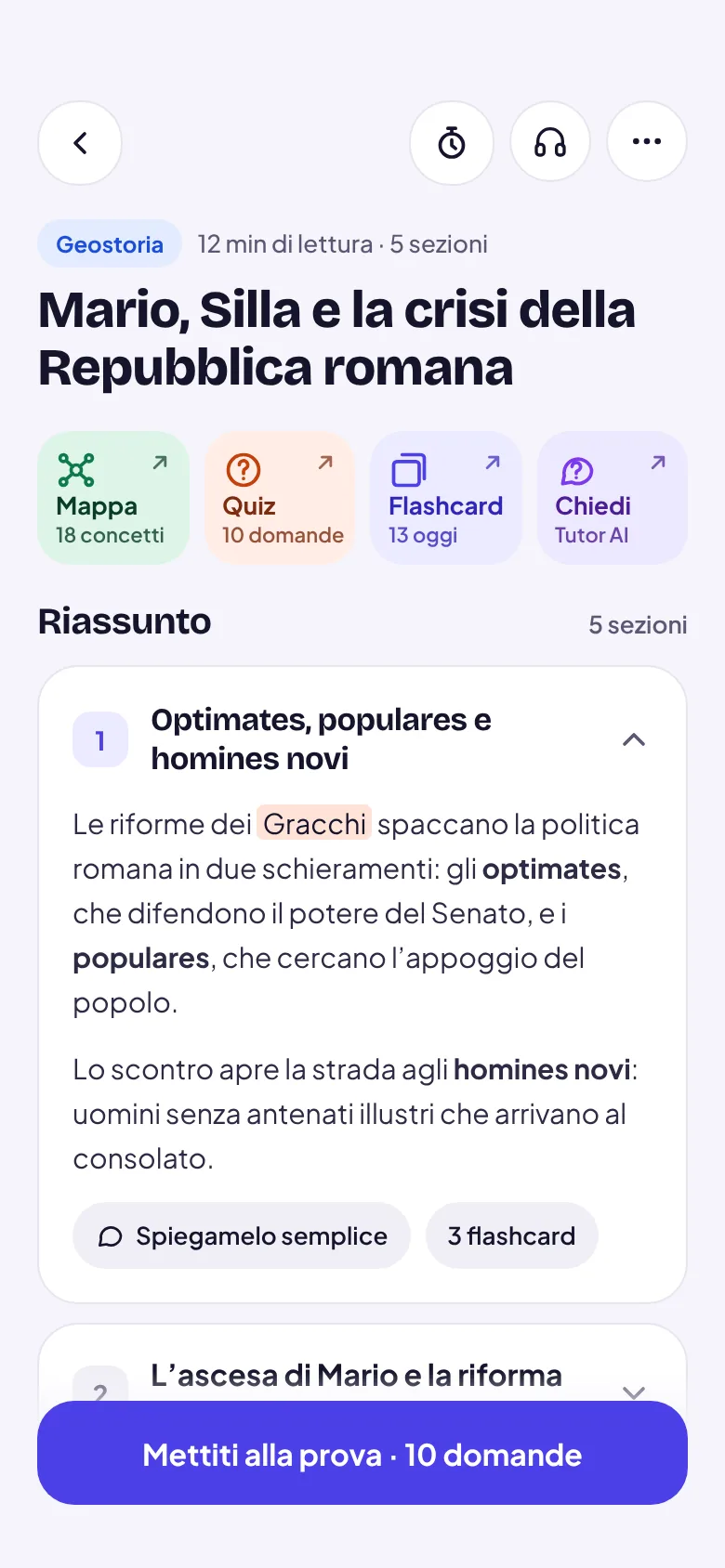 RSchool sul telefono: la scansione «Mario, Silla e la crisi della Repubblica romana» con riassunto, mappa, quiz e flashcard