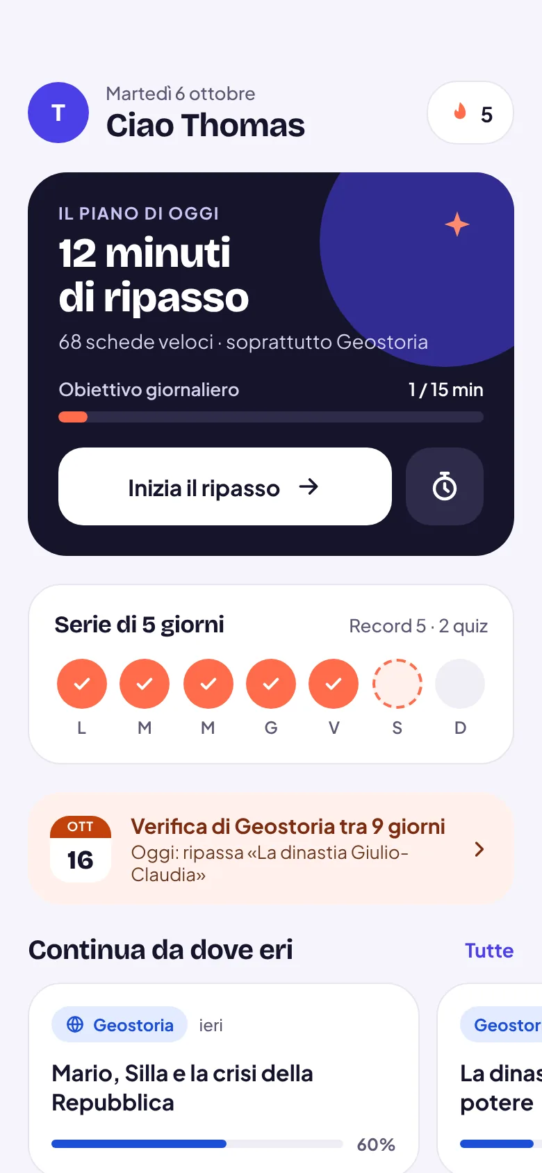 RSchool sul telefono: la Home con il piano di oggi